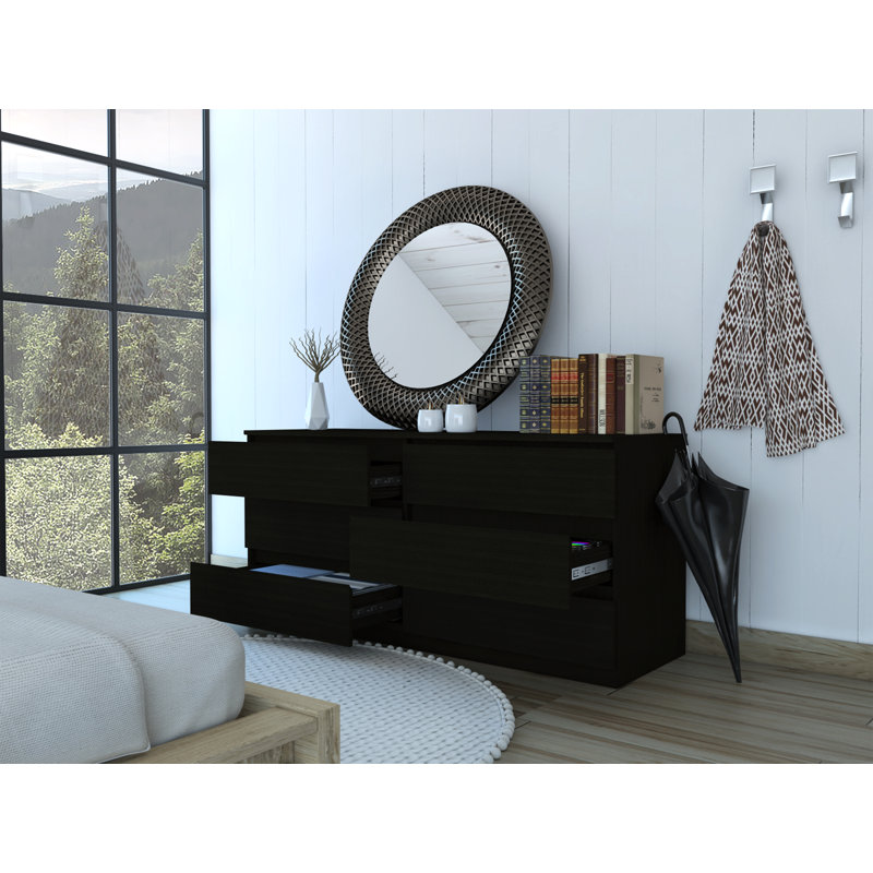 Commode à 6 tiroirs Latitude Run® Elara 60,4 po L – Coffre de rangement moderne pour chambre à coucher, Noir