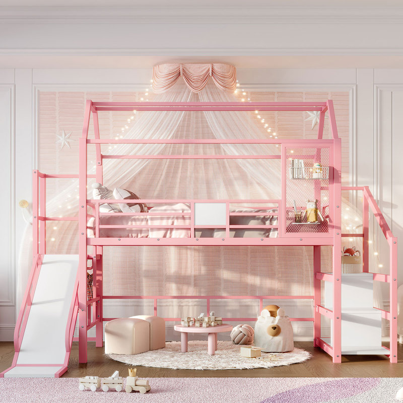 Lit mezzanine en métal avec glissade et escalier, structure silencieuse et tablettes de rangement avec toit de maison de jeu