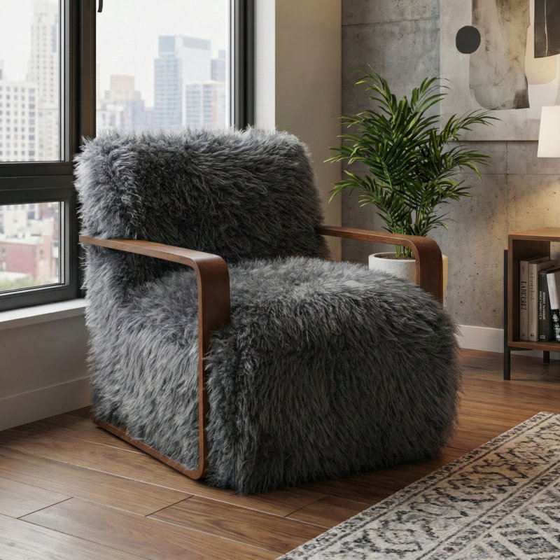 Harry Soft Long-Haired Upholstered Accent Chair, Gray