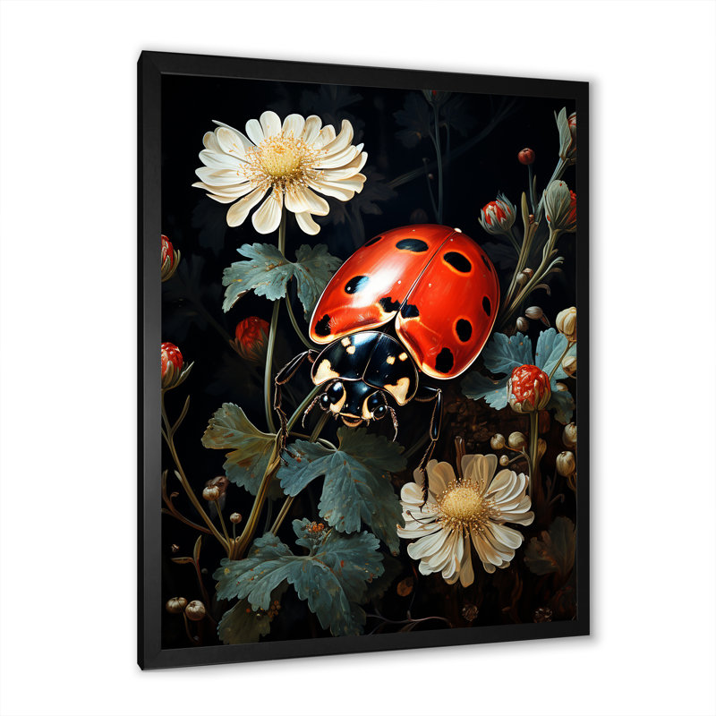 Coccinelle à motif floral sur toile, Cadre photo noir, H 20 po x l 12 po x P 1 po