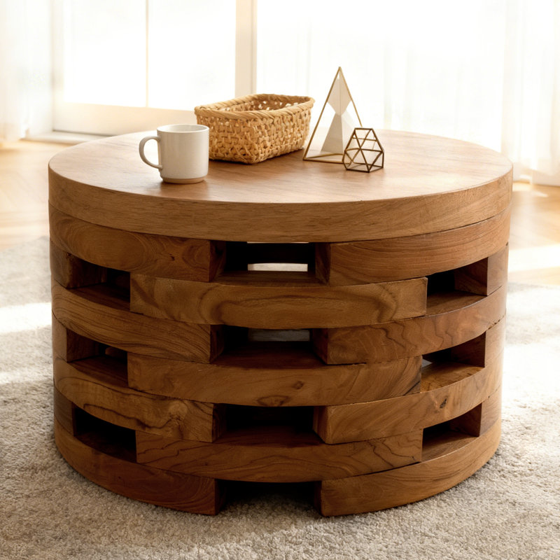 Solid Wood Slatted Drum Style Round Coffee Table