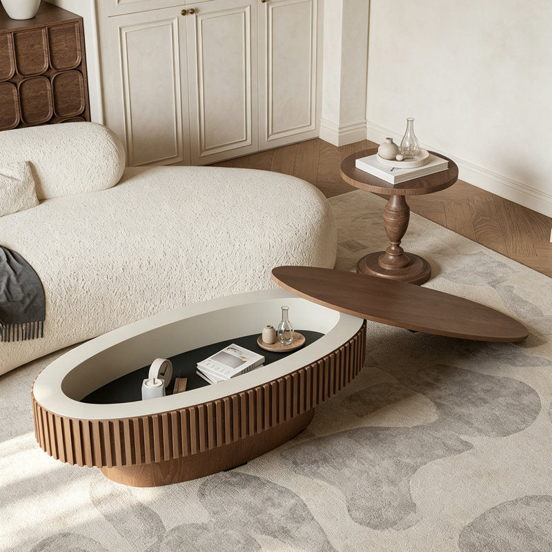 Table basse 47 po ovale avec rangement Table d'appoint moderne en placage de bois massif pour salon, chambre à coucher, appartement ou bureau, noyer