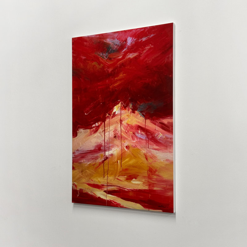 Abstract Red Mountain Canvas Wall Art, Bold Crimson Red Golden Yellow Textured Landscape Painting for Light Luxury Industrial Wabi-Sabi Home Decor