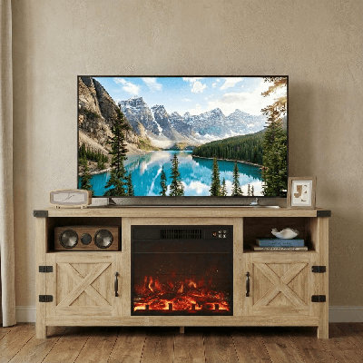58'' Farmhouse Tv Stand With Cozy Fireplace Glow