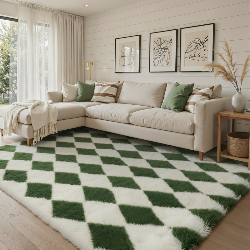 Modern Green/White Checkered Machine-Washable Shag Area Rug, Rectangle 6' x 9', Green/White