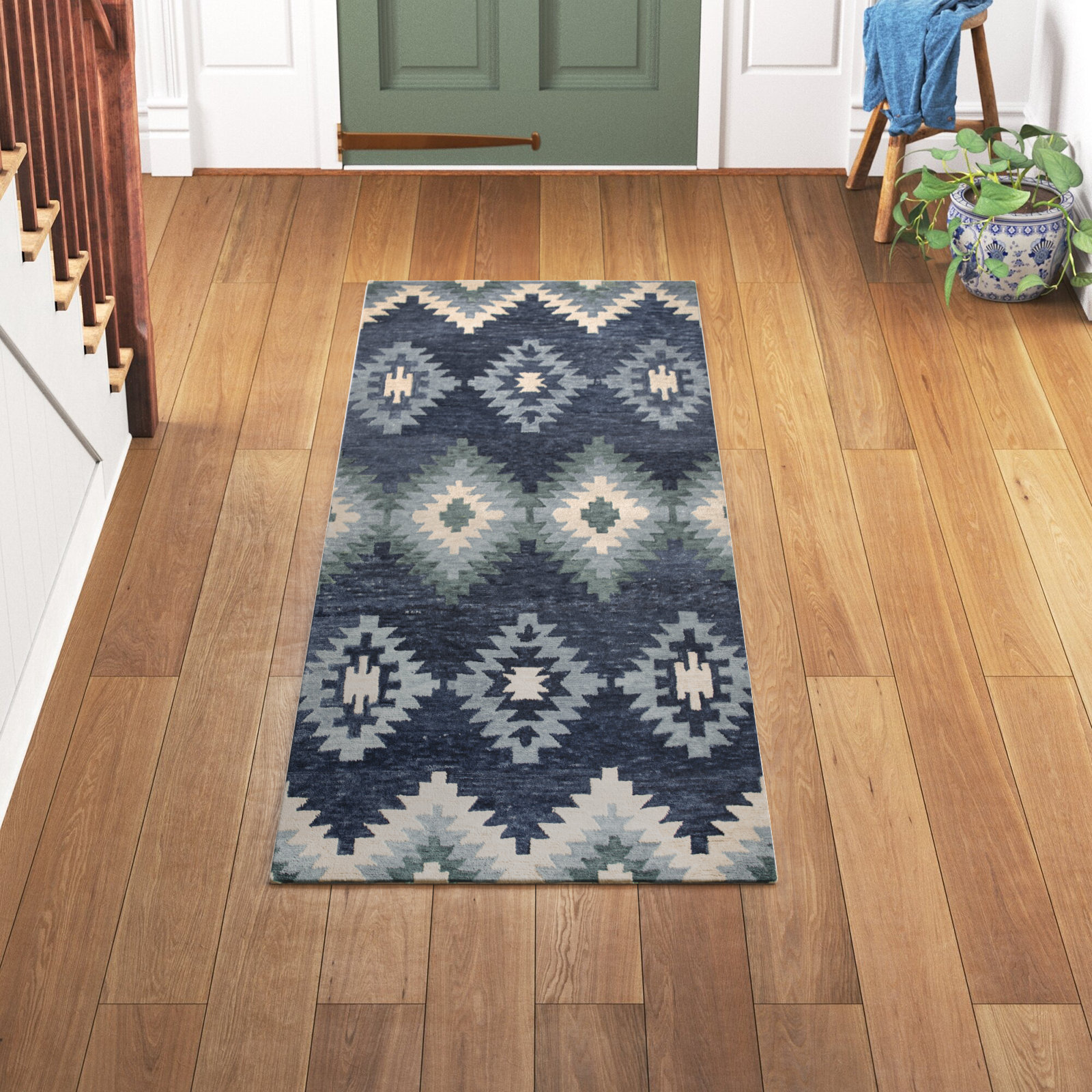 Doretta Blue Hand-Tufted Geometric Wool Rug, Runner 2'6" x 8'
