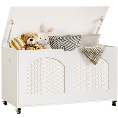 Storage Chest, Rattan-Style Toy Storage Bench with Lid and Wheels, Square Storage Trunk for Entryway, Bedroom, Living Room(White) by Bungalow Rose