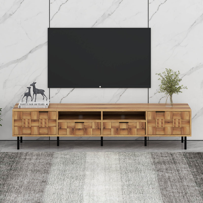 Meuble télé moderne avec rangement, console multimédia, meuble audio-vidéo Mid-Century avec armoires, tiroir et espace ouvert, pieds en métal