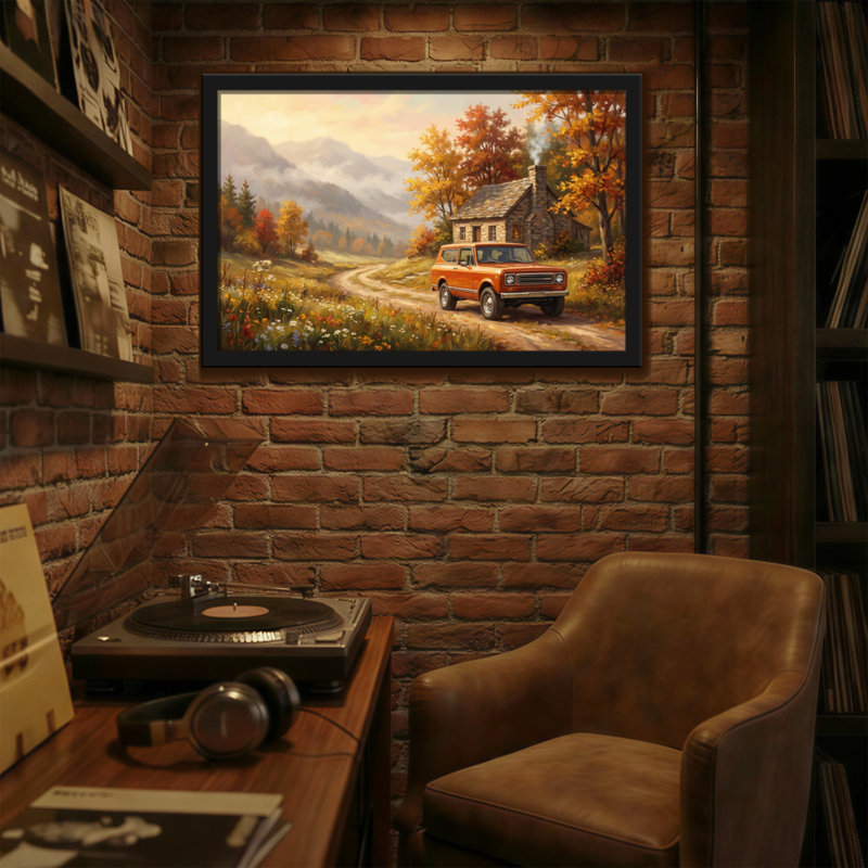 Plantes et fleurs, paysage d'automne avec camion orange et chalet, H 16 po x l 24 po