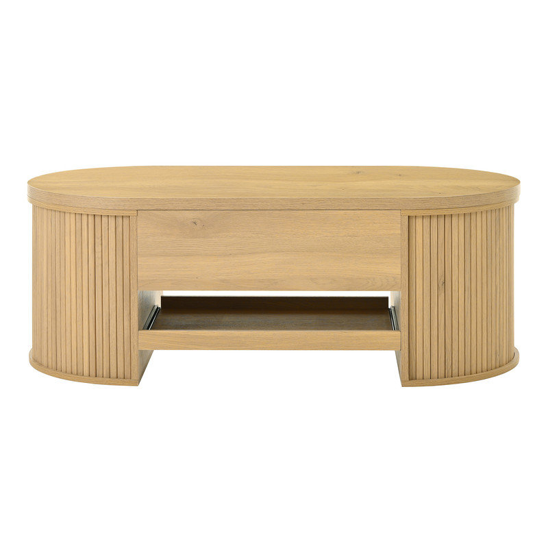 Fluted Oval Lift Top Coffee Table Extendable Lower Shelf Living Room Center Table, Light Oak