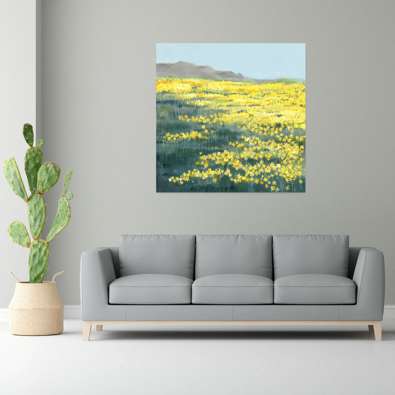 Champ de fleurs dorées, paysage contemporain abstrait, art mural, H 48 po x l 48 po