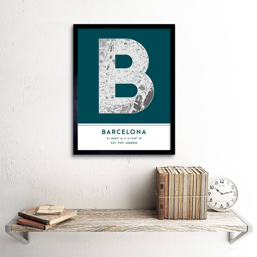 Barcelona City Map Barcelona Teal by Wee Blue Coo - Single Picture Frame Typography