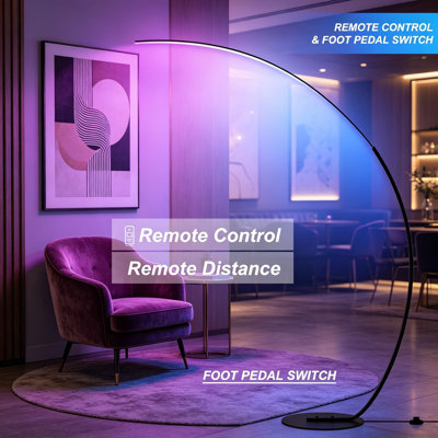 Lampe sur pied arquée moderne avec télécommande - lumière blanche ajustable à changement de couleur à intensité variable RVBW, lampe de lecture ambiante pour le salon et la chambre à coucher