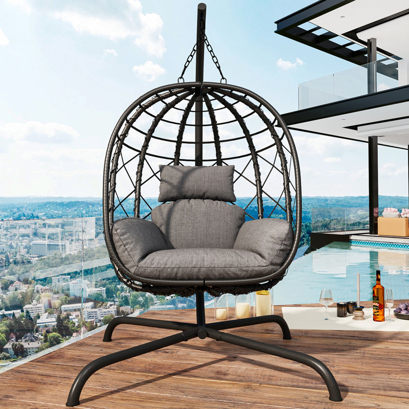 Fauteuil à œufs suspendu avec coussin pour fauteuil d'extérieur pliable en rotin, Gris