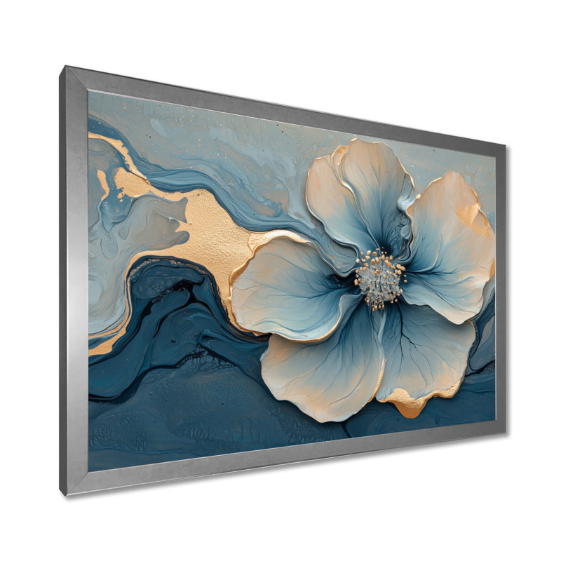 Marbre de geramium abstrait Irmtraut en bleu doré I - art mural en marbre, Argent argent, H 30 po x l 40 po
