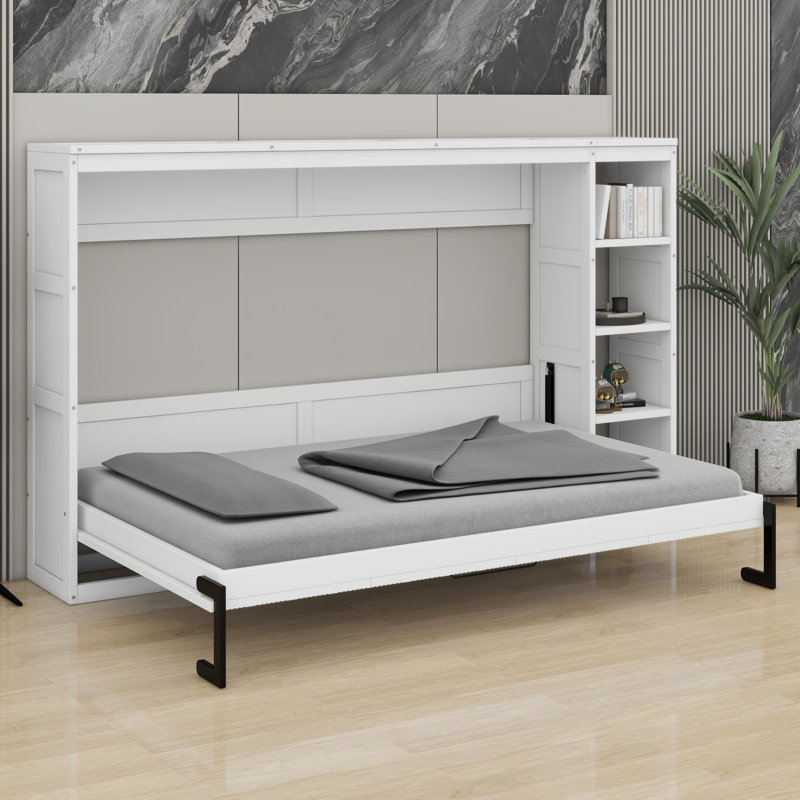 Sturdy Murphy Bed Frame with Storage Shelves, Space Saving Folding Bed, White