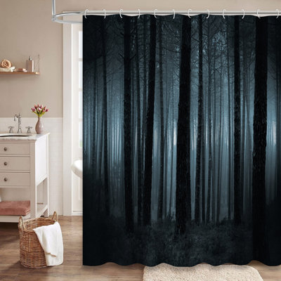 Spooky Dark Foggy Forest Creepy Woods Night Shower Curtain with 12 Hooks