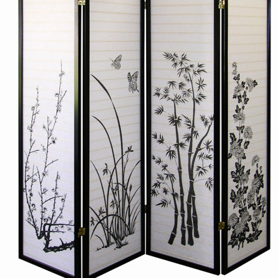 70" Tall 4 Screen - Floral Design In Dark Black For Privacy And Elegance High Room Divider, Ornament With Finish