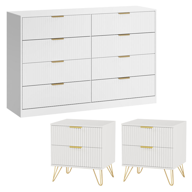 3PCS Dresser And Nightstand Sets For Bedroom, 55" Wide Fluted 8 Drawer Dresser & Nightstand Set Of 2, White