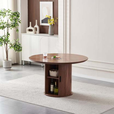 Round Dining Table With Two Layers Of Storage Shelves, Wood Tea Desk, Flexible-Opening Storage Door