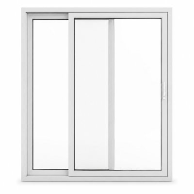 Porte coulissante extérieure en métal et plastique pour patio, modèle 8166 Blanc Soie 64 x 80, porte active à droite, porte coulissante en verre trempé transparent