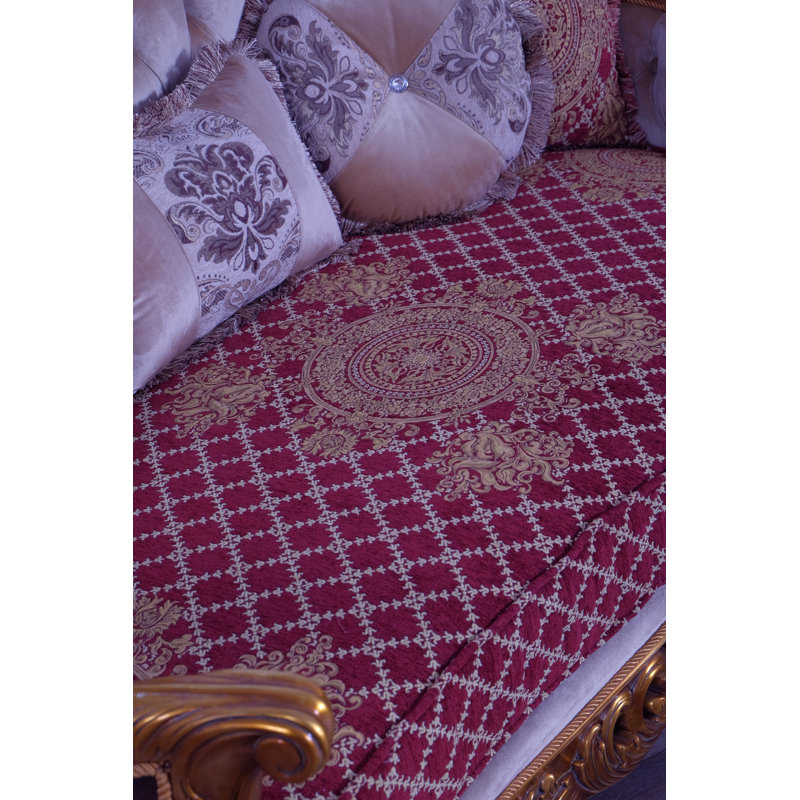 3 Piece Modigliani Sofa Red Gold Fabric, Red Burgundy/Gold