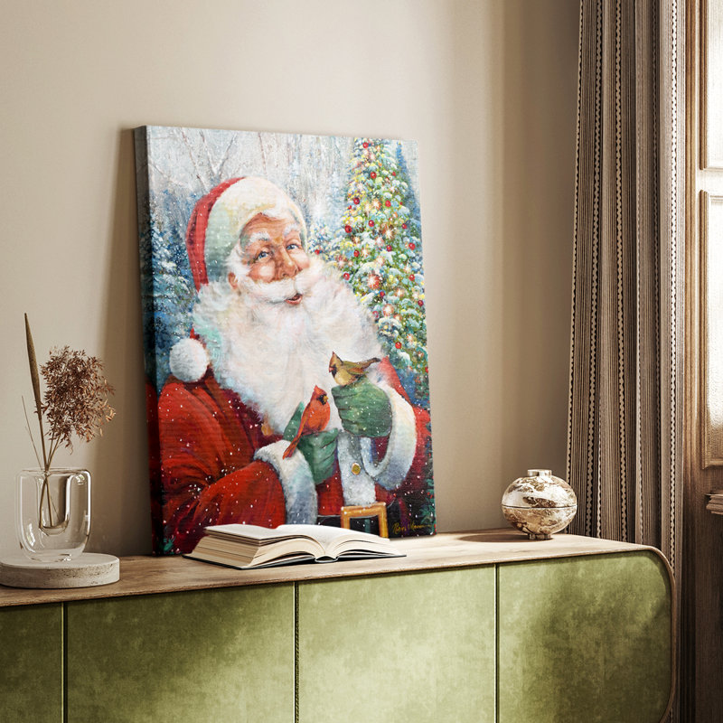 Père Noël et cardinaux - galerie Cavas sur mesure, H 60 po x l 40 po