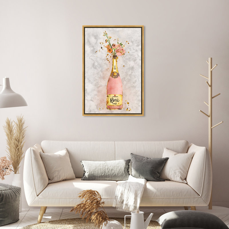 Champagne Rosado - peinture sur toile, H 20 po x l 30 po x P 1,5 po, Toile avec cadre doré
