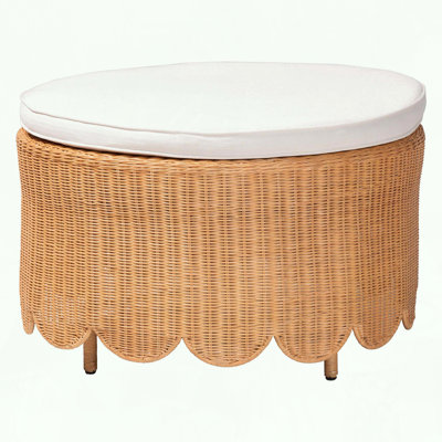 Scalloped Rattan Ottoman with Metal Frame and Bohemian Style