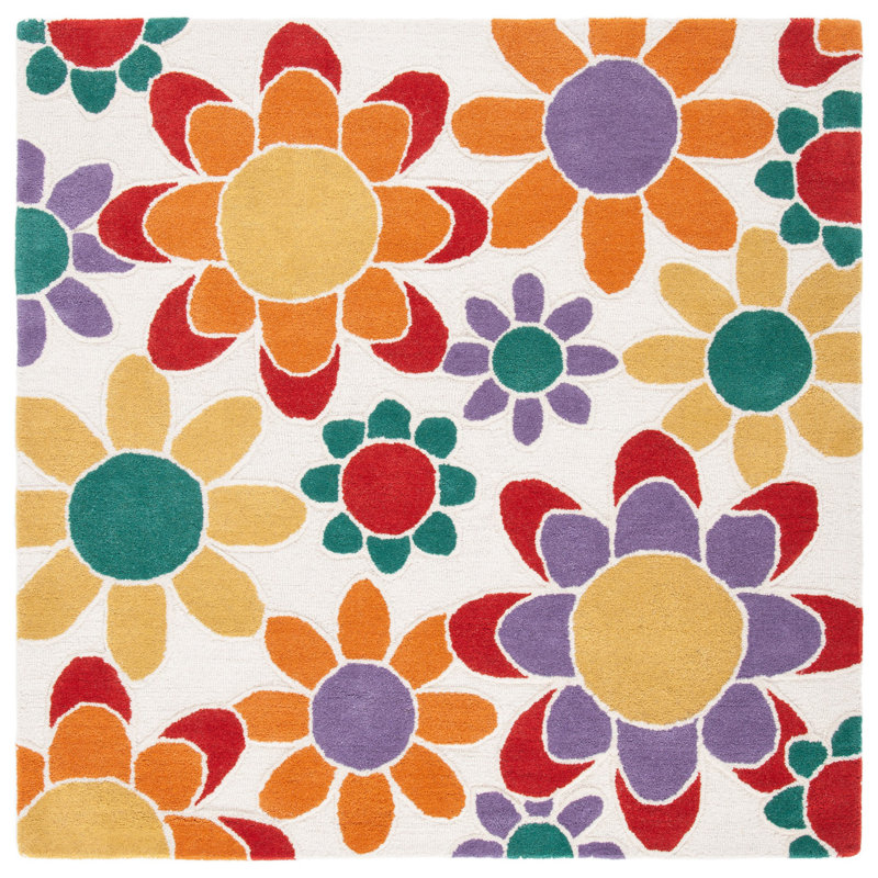 Tapis rouge / orange / vert en laine touffeté à la main Asfrith, Carré 5 pi
