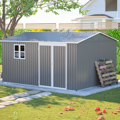 Remise de rangement extérieure en métal imperméable 12 x 10 pi grise, pour le jardin et le patio, remise en métal à stabilité accrue, cour arrière avec portes verrouillables et beaucoup d'espace