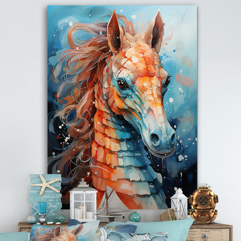 «Orange and Blue Seahorse Symphony 3», Toile tendue, H 32 po x l 16 po x P 1 po