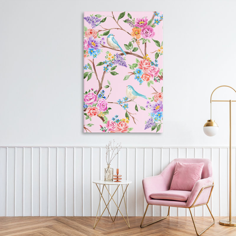 Toile rose et bleu avec fleurs printanières, design par Corinne Haig, H 45 po x l 30 po