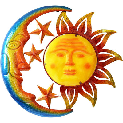 Large 19" Metal Sun Moon Star Wall Art – Colorful Inspirational Wall Sculpture For Indoor Outdoor