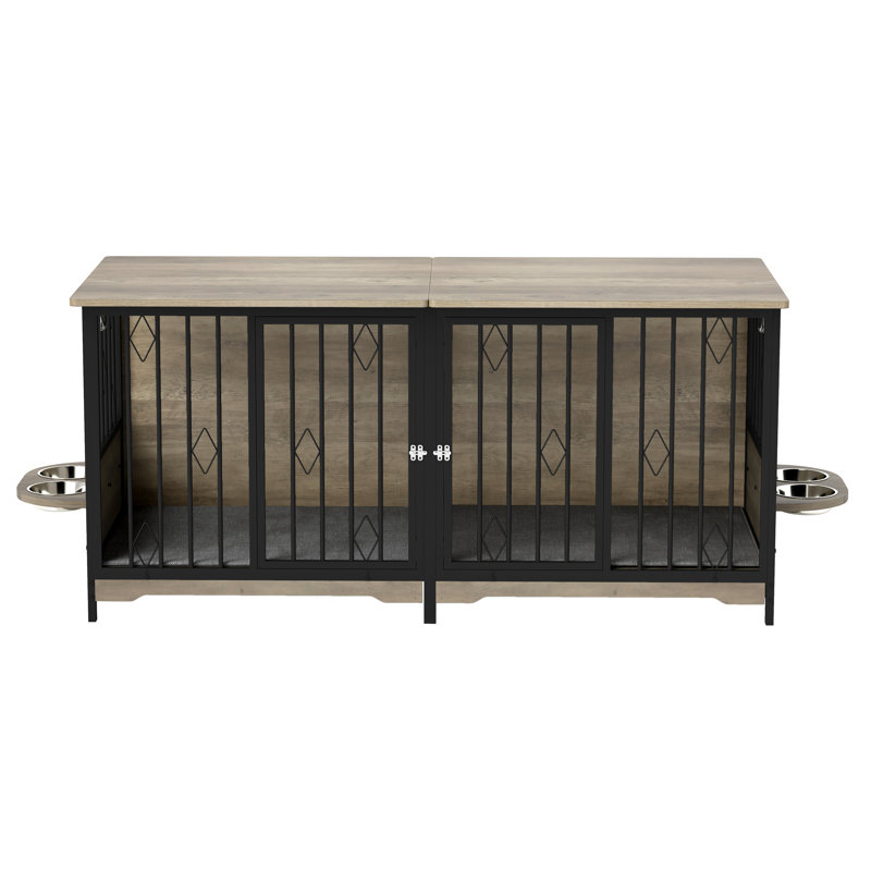 Mobilier de cage de chien réglable avec bols et coussins rotatifs, Noir/gris