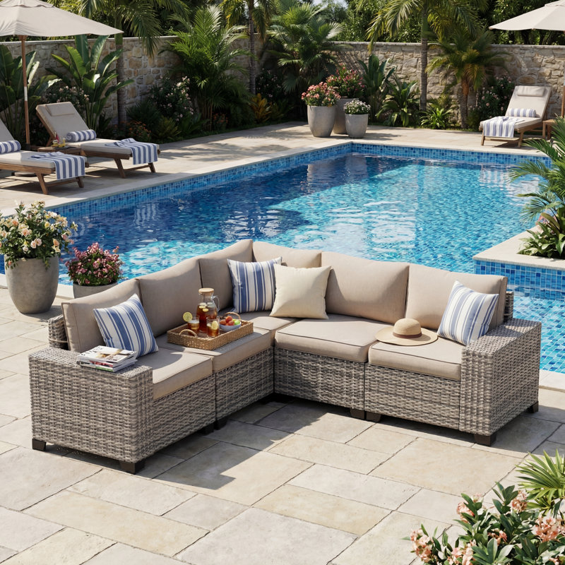 5-Person All-Weather PE Wicker Outdoor Sectional Sofa Set With Cushions And Wide Armrests, Taupe