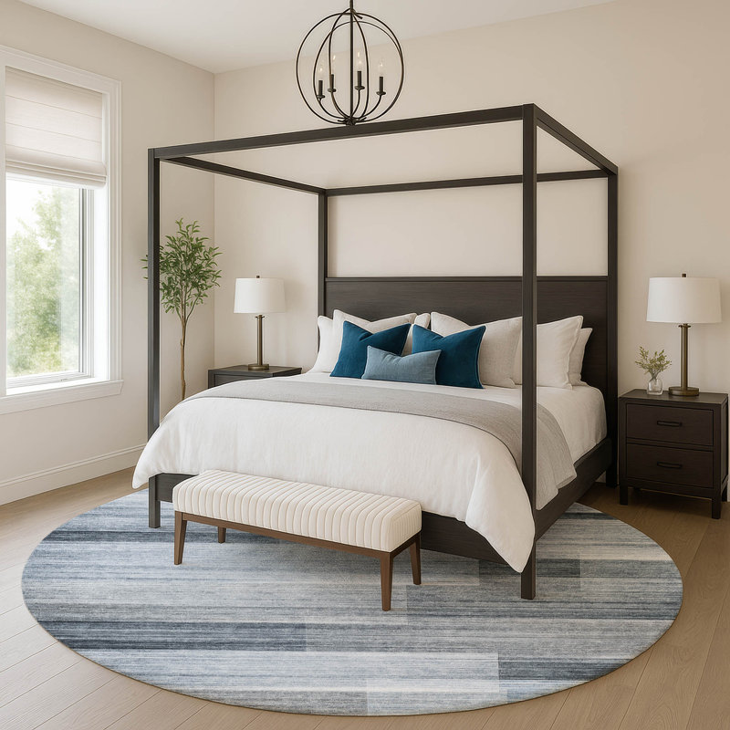 Premium Machine Washable Mayfield AMF2082 Striped Rug, Denim, 8' Round