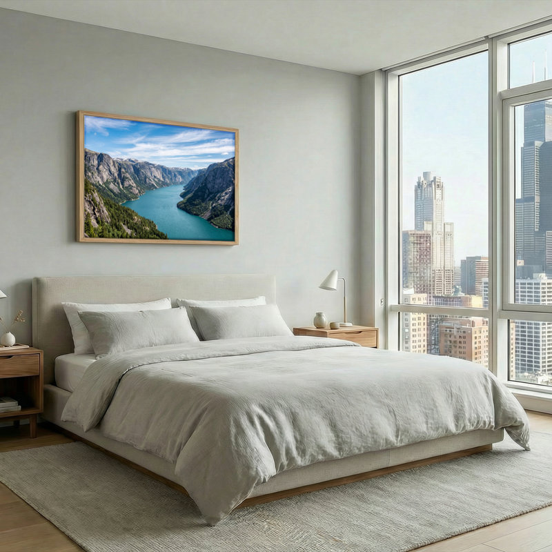 Ensemble de 1 tableau sur toile représentant un lac de montagne, H 32 po x l 48 po, Naturel