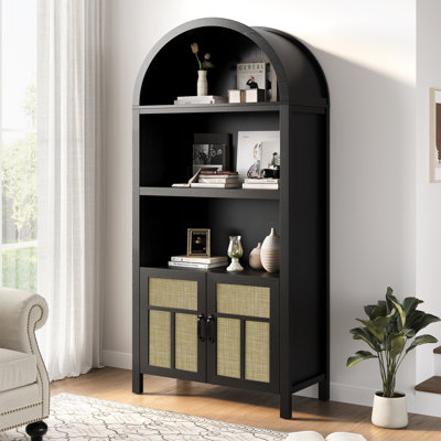 Buffet/armoire de rangement voûtée en rotin de style bohème, 178 cm, avec étagères réglables et portes, pouvant également servir de table de rangement haute pour la cuisine, le couloir ou la salle à manger. Couleur : noir.