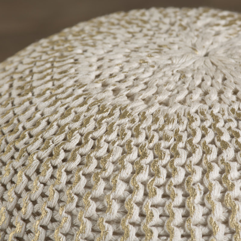 Samuel Transitional Cableknit Handmade Cotton Round Upholstered Ottoman Pouf, Bone with Gold Foil