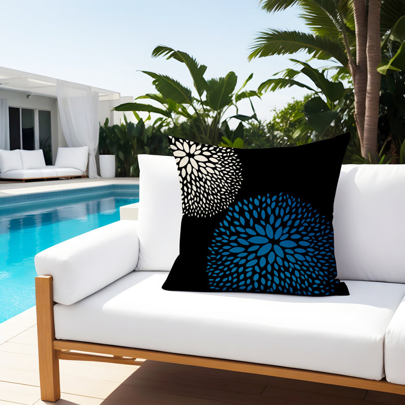 Housse et insert de coussin décoratif intérieur / extérieur Bavière, Turquoise / noir / crème, H 17 po x l 17 po