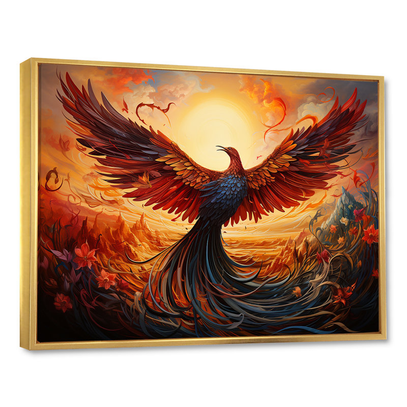 Art mural, résilience, renaissance du Phénix II, H 30 po x l 40 po x P 1,5 po, Cadre flottant doré