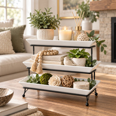 3-Tier White Porcelain Serving Stand with Foldable Black Metal Rack