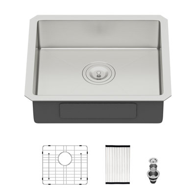 Évier de cuisine encastrable 18 x 16 5,5 po, cuve simple faite à la main en acier inoxydable de calibre T304, drainage incliné, éclaboussures, revêtement de condensation, coussin de réduction du bruit, rebord plat pour fauteuils roulants, paquet avec