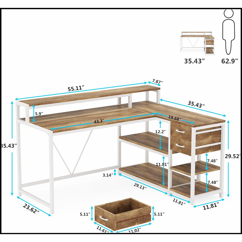 Bureau de bureau en L de 55 pouces avec élévateur de moniteur, tiroirs et tablettes de rangement, bureau d'ordinateur de coin pour les petits espaces, table d'écriture de style maison de campagne