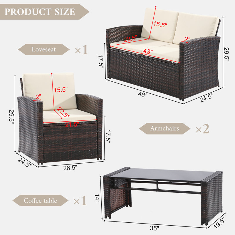 Ensemble de meubles de patio 4 pièces avec coussins épais - 2 chaises, 1 causeuse et table basse - Élégant pour le jardin, le patio et la cour