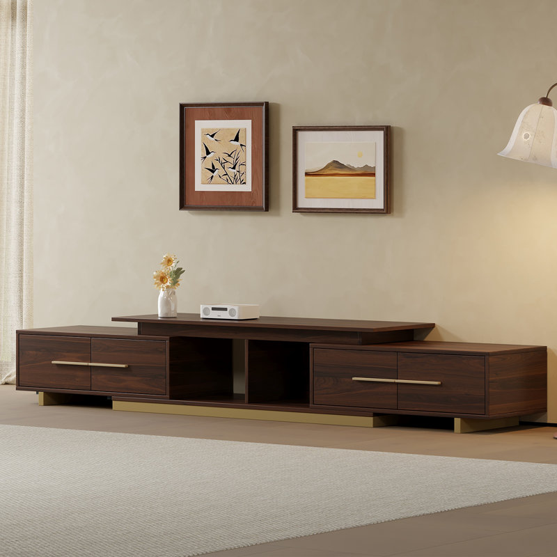  63.4"-94.5" Extendable TV Stand for TVs up to 100", Mid-Century Modern Media Console with Walnut Finish, Stainless Steel Base for Living Room