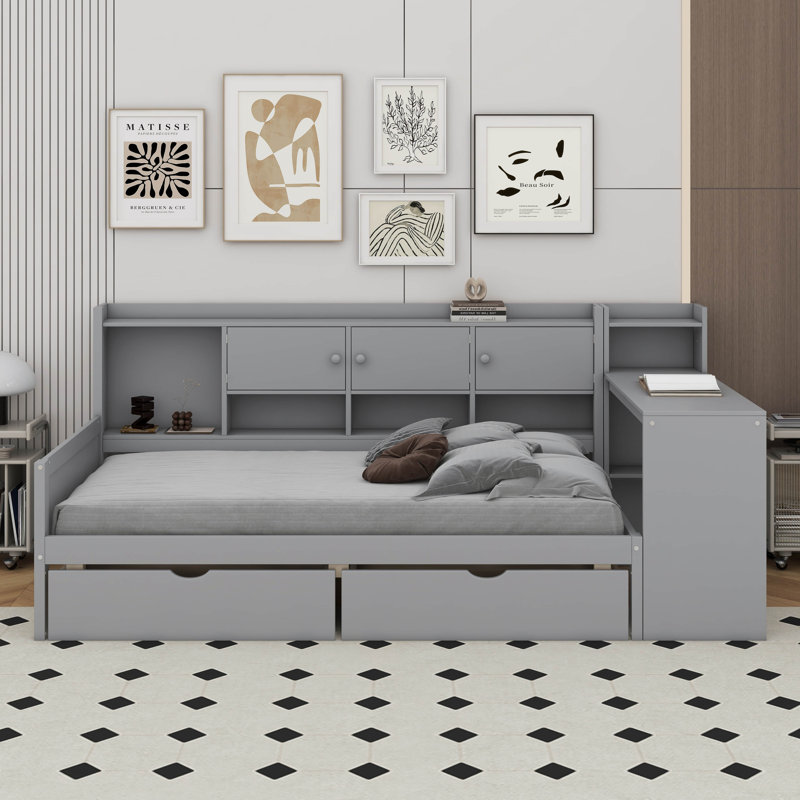 Lit de jour simple avec rangement 3 armoires et 2 tiroirs, gris