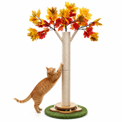 Arbre à chat décoratif de 104 cm (40,9 pouces) avec motif de feuilles d'érable d'automne, recouvert de sisal naturel et orné de feuillage automnal. Il est doté d'un jouet interactif pour l'entretien et le jeu des griffes des chats d'intérieur.
