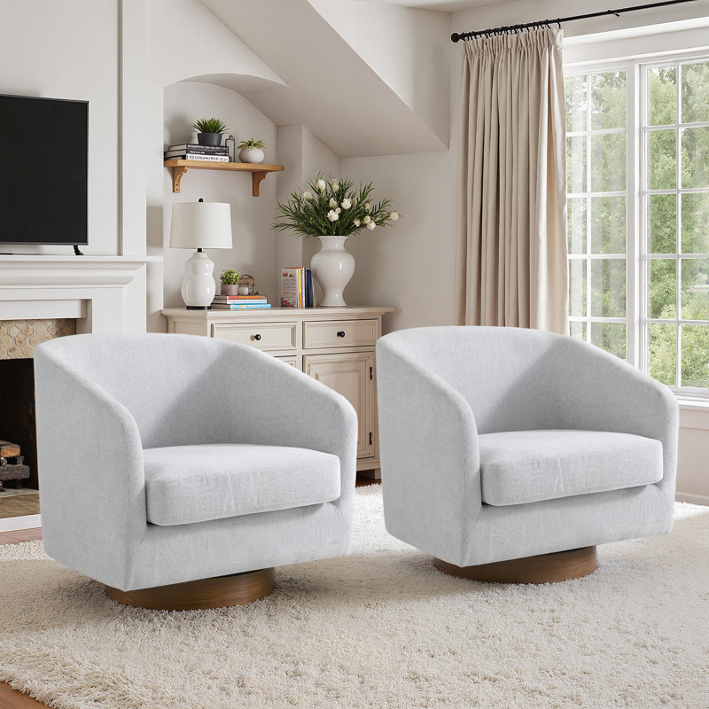 72Cm Wide Swivel Barrel Chair, Beige Chenille